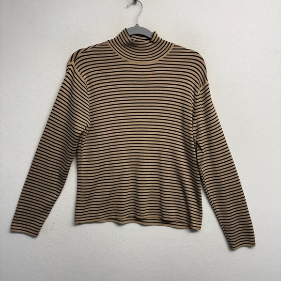 Talbots silk blend striped turtleneck sweater tan black M - Picture 1 of 8